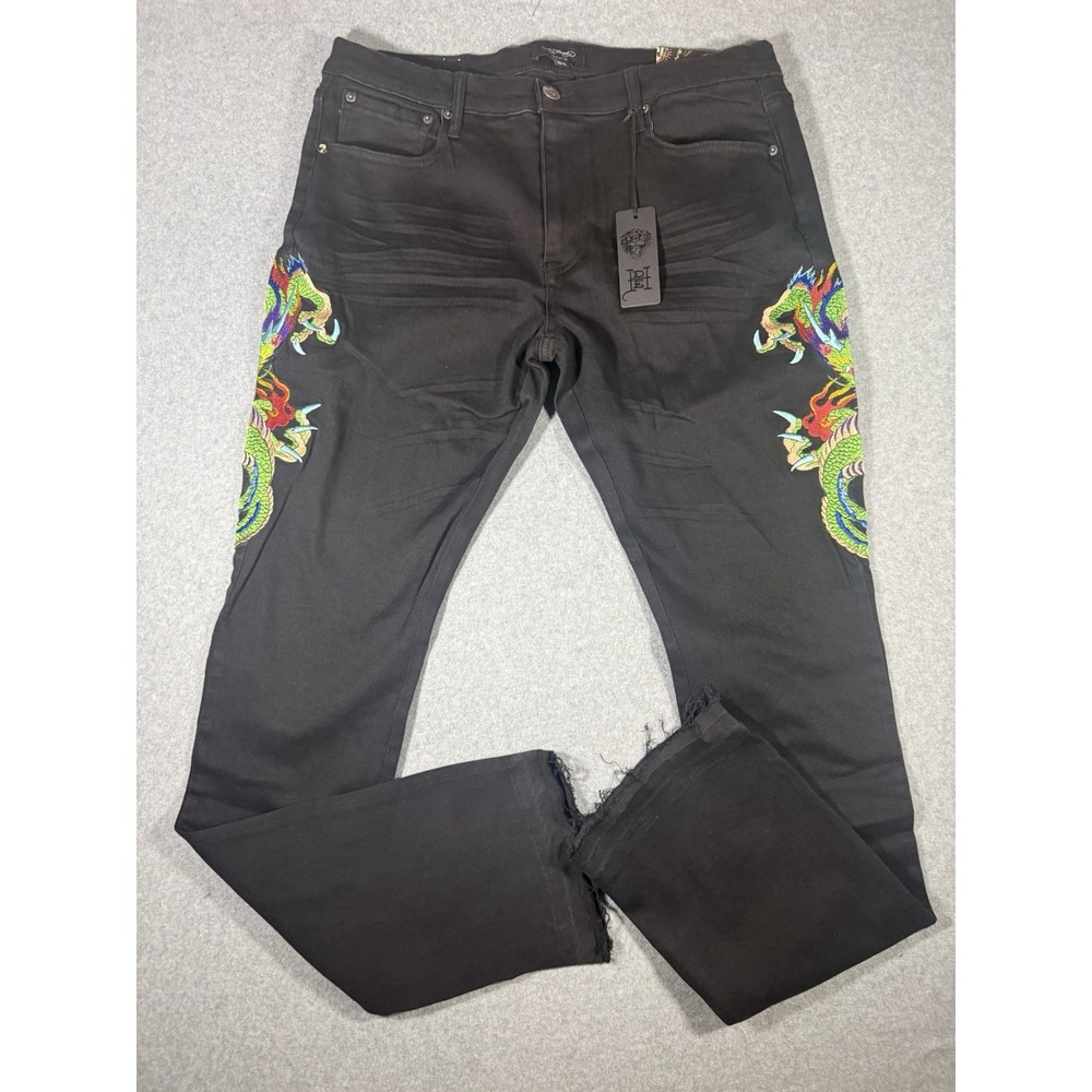 Ed Hardy Stacked Boot Dragon Embroidered Black Denim Jeans Size 34